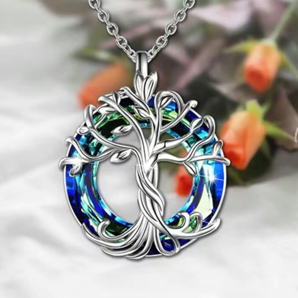Celtic Tree Of Life Blue Crystal Round Pendant Necklace